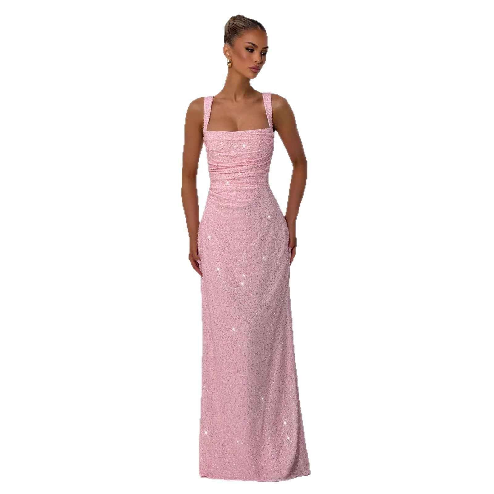 Sequined Solid-color Strapless Sleeveless Slip Dress With A Slit And A Fitted Waist