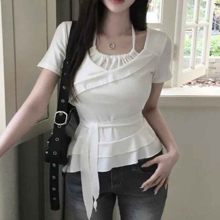 Ruffled Hem Mock Two-Piece Top – Summer Blouse