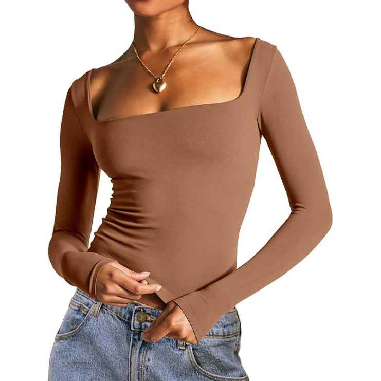 Square Neck Milk Silk Long Sleeve Top – Slim Fit Crop