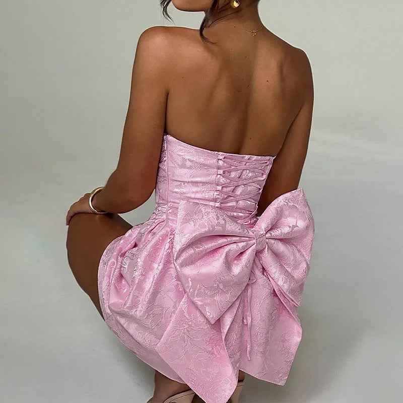Off-Shoulder High-Waist Jacquard Tube Mini Dress with Bow Accent