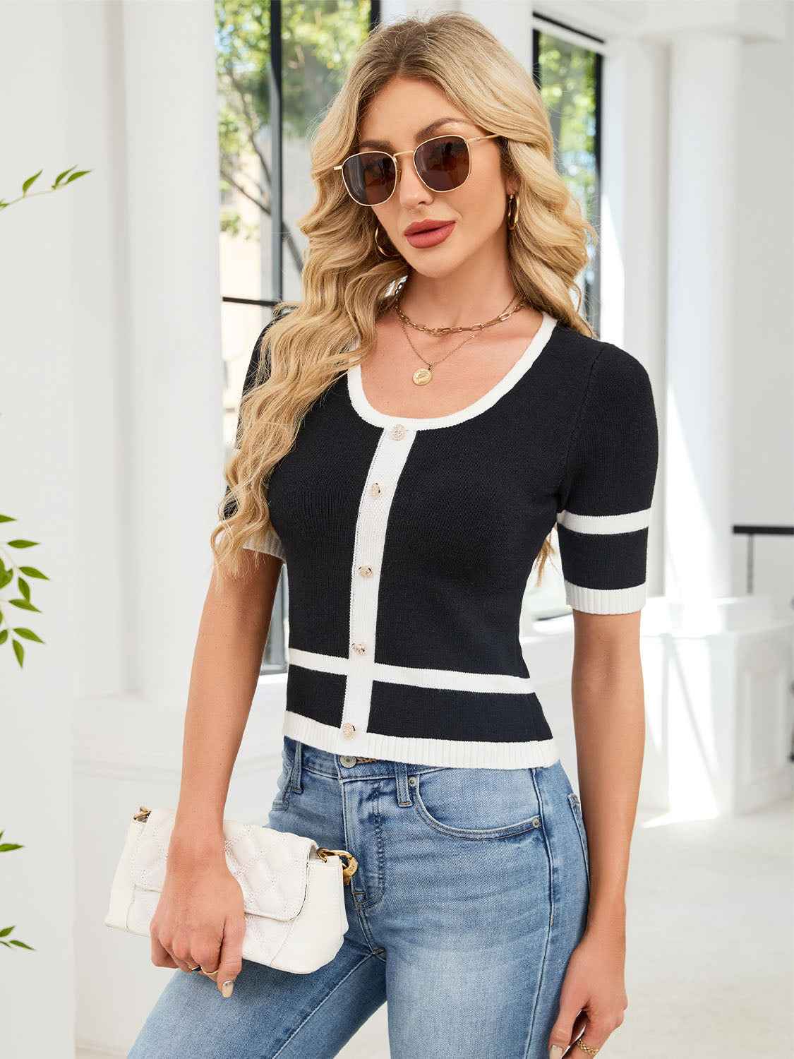 New Pullover Two-Tone Knit Top, Elegant Waist Slimming Workwear Versatile Tweed Style Knit Sweater For Women