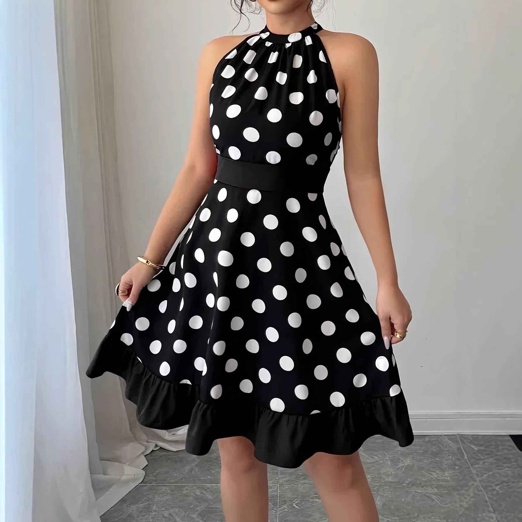 Polka-Dot Colour-Block A-Line Maxi Dress — Bow-Tie High-Waist