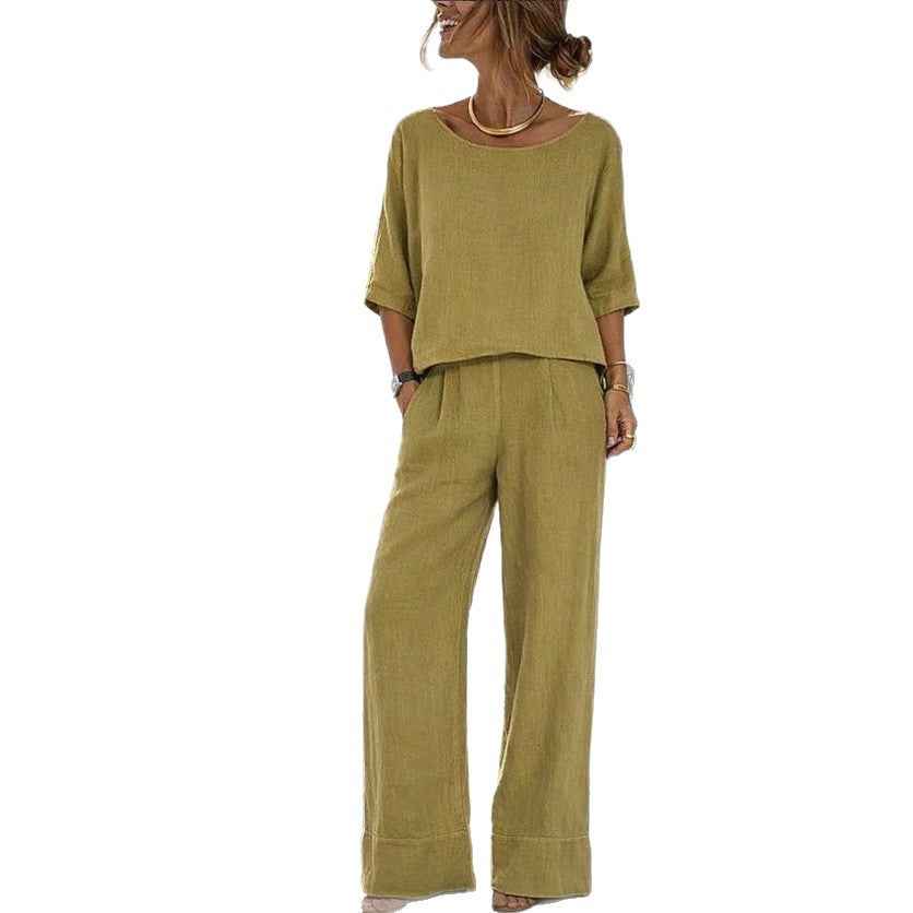 Knitted Short-Sleeve Top & Wide-Leg Pants Bohemian Resort Two-Piece Set