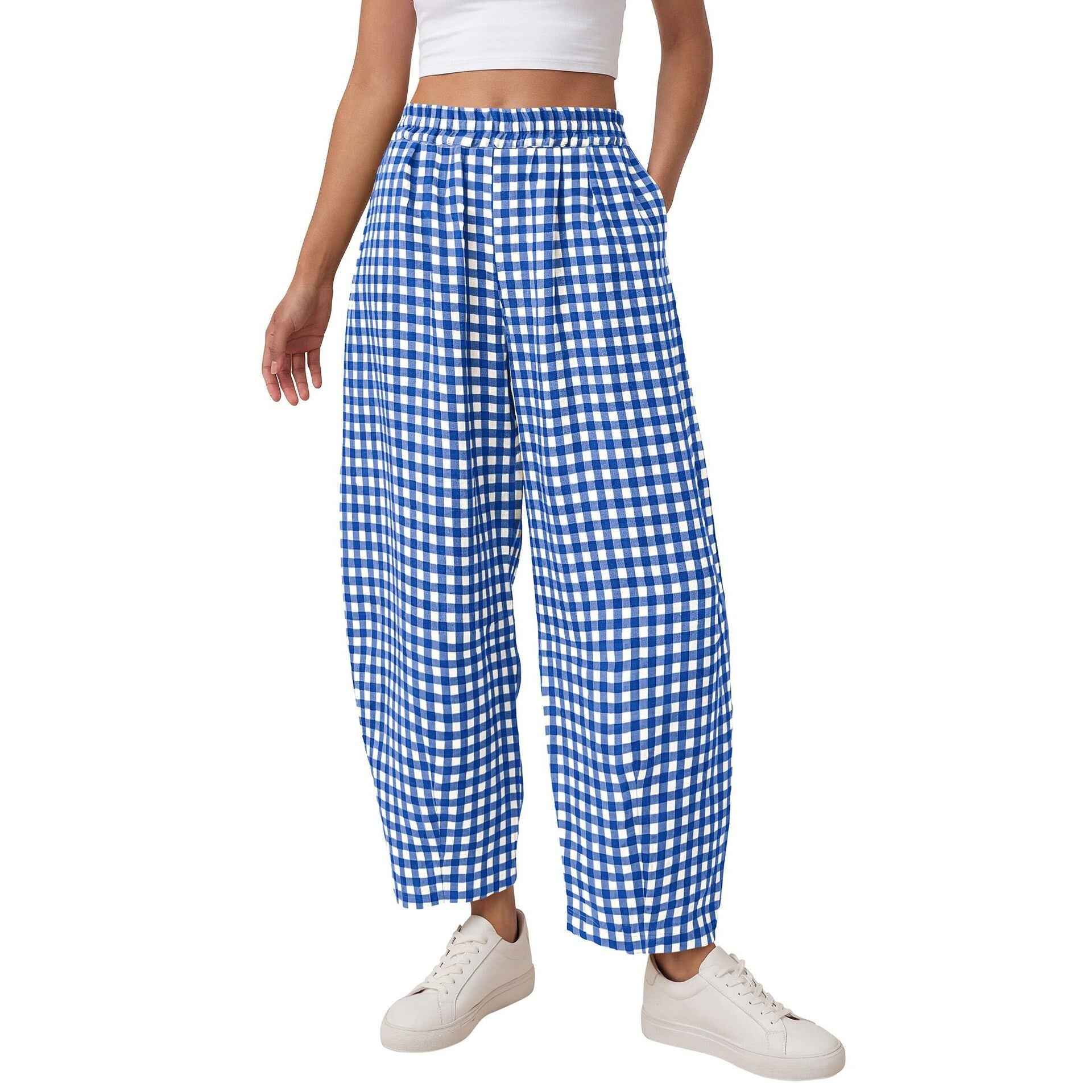 Plaid Knit Elastic-Waist Cropped Trousers
