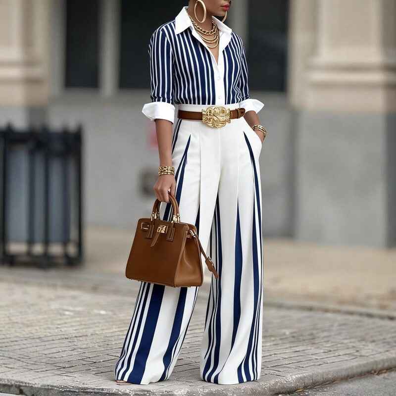 Women's Striped Contrast-Colour Lapel Shirt – Long Sleeve Cardigan