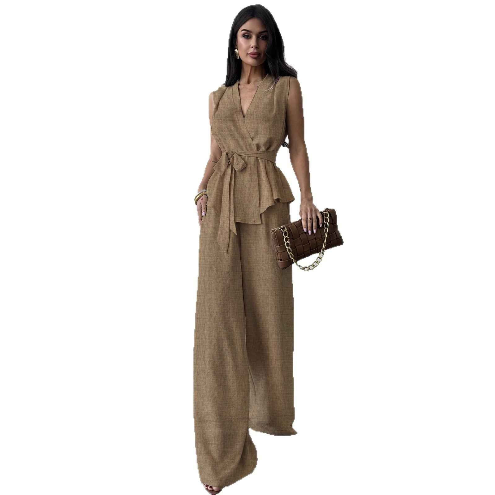Lace-Up V-Neck Vest & Wide-Leg Trousers Set — Apricot & Khaki, S–XL
