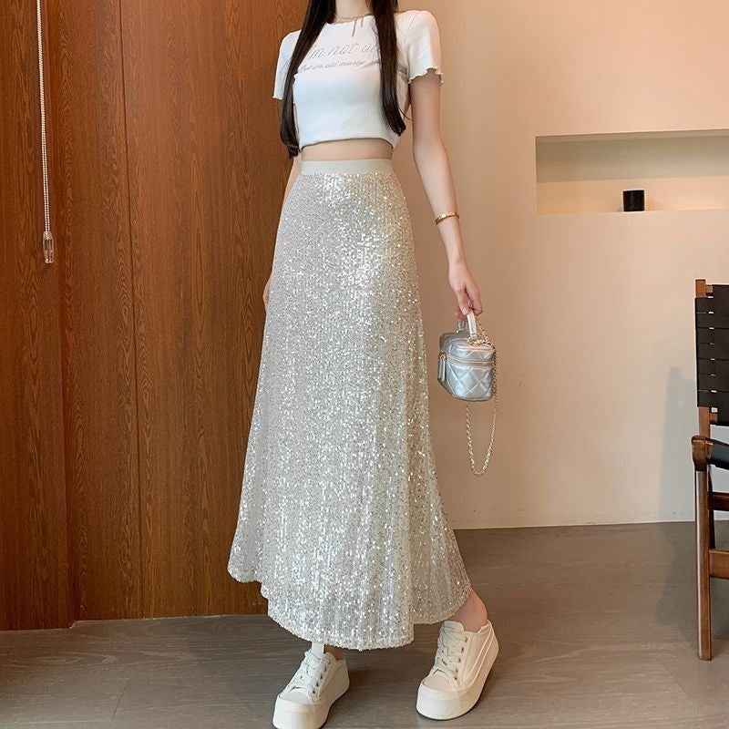 Women's High-Waist Sequin A-Line Skirt – Lined, Figure-Flattering