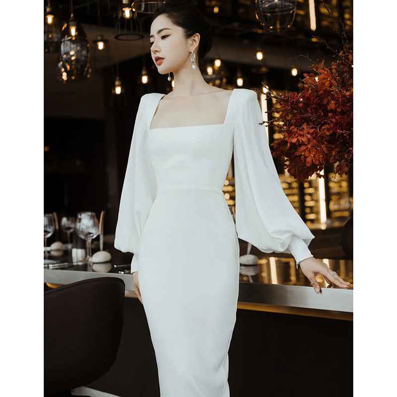 French Minimalist Mermaid Midi Dress – Lantern Sleeve