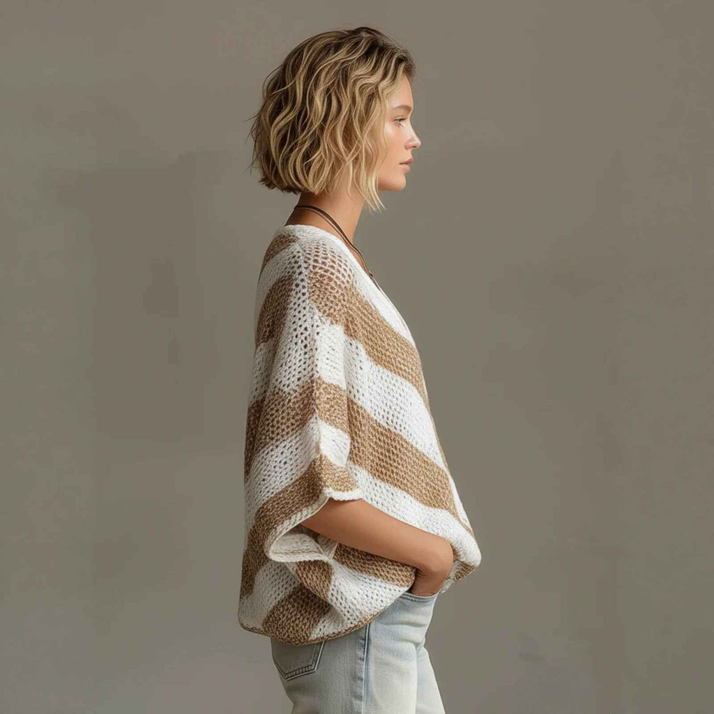 Drop Shoulder Knit Sweater – Loose Fit Three-Quarter Sleeve