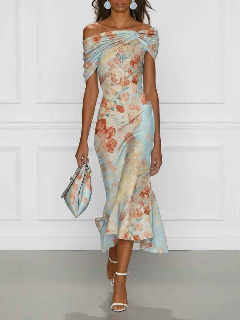 Colour-Block Digital Floral Print Asymmetric Hem High-Waist Floor-Length Dress