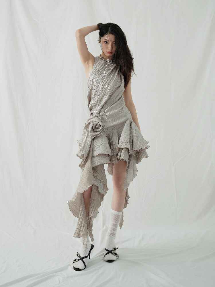 Gray Sleeveless A-line Midi Dress with Asymmetric Hem