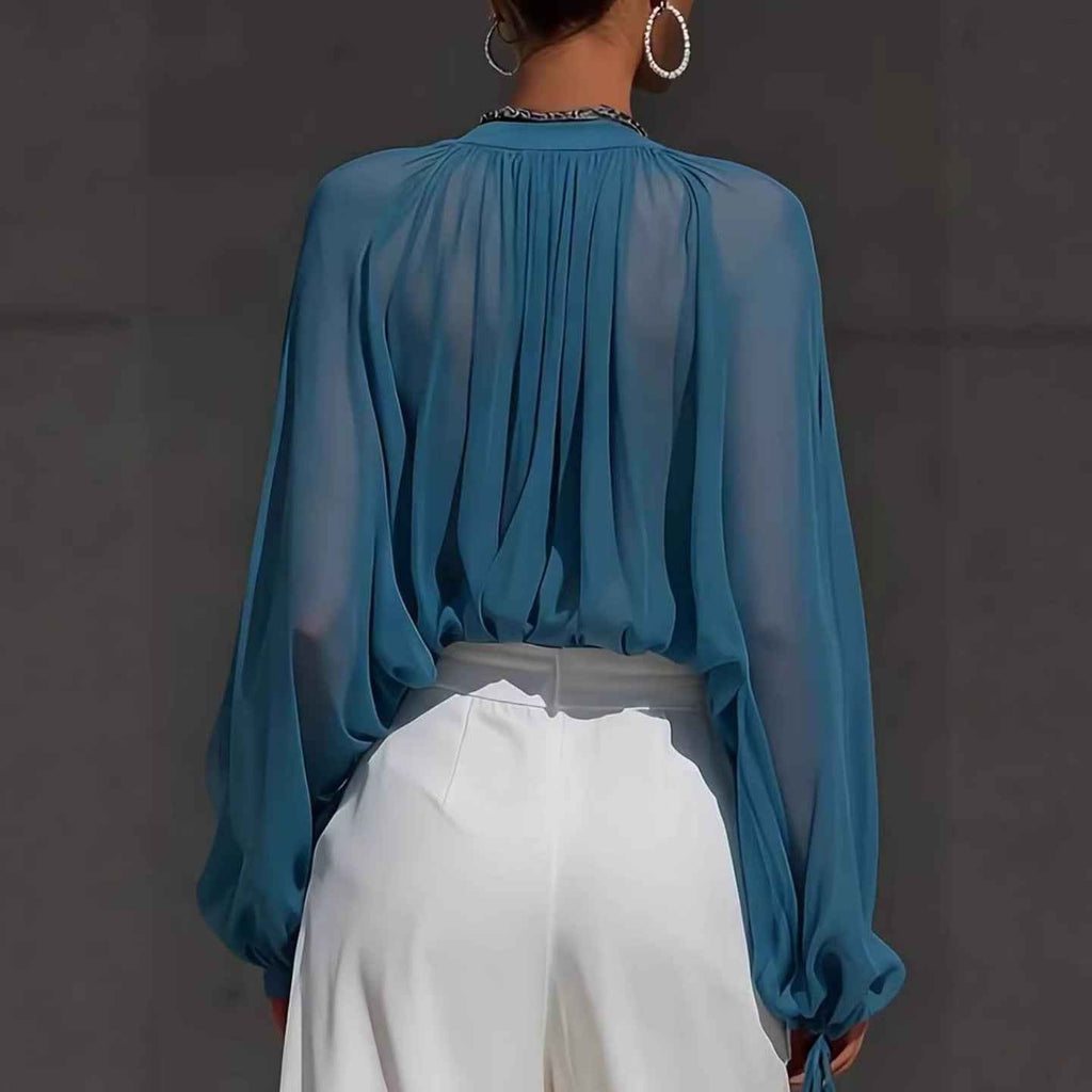 Pleated Long-Sleeve Pullover Top — Relaxed Fit, Elegant Workwear