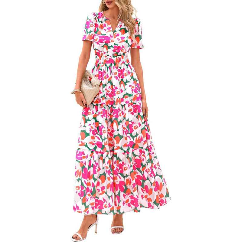 Womens Retro Floral Short-Sleeve V-Neck Dress