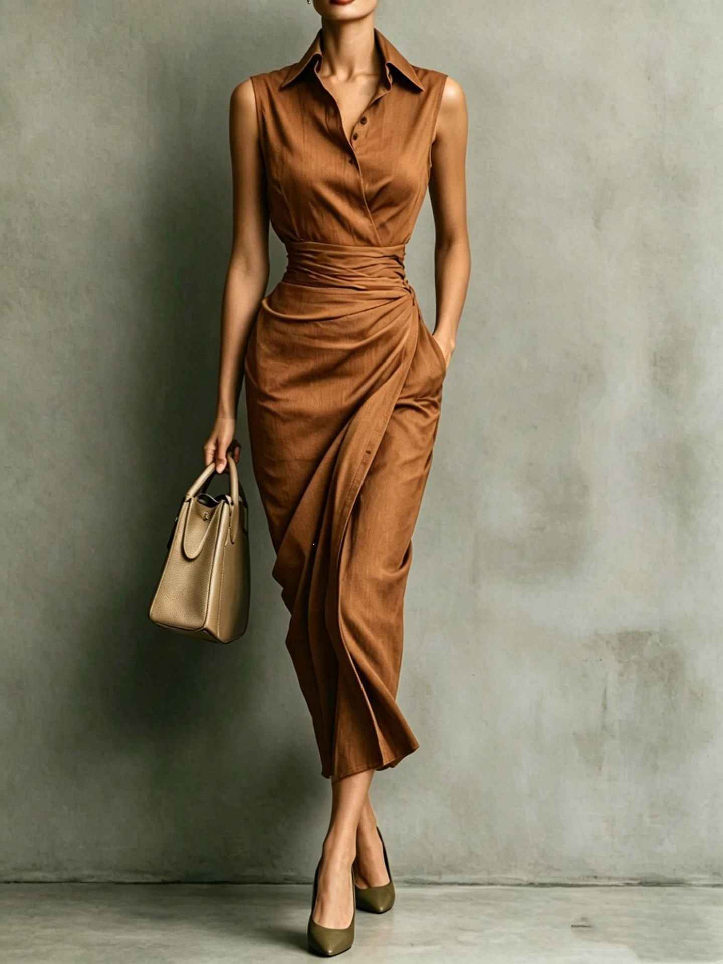 Asymmetrical Sleeveless Linen-Blend Midi Dress — High-Waist