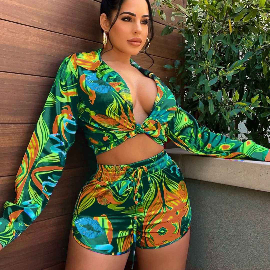 Printed Short-Sleeve Shirt And Casual Hot-Pants Set