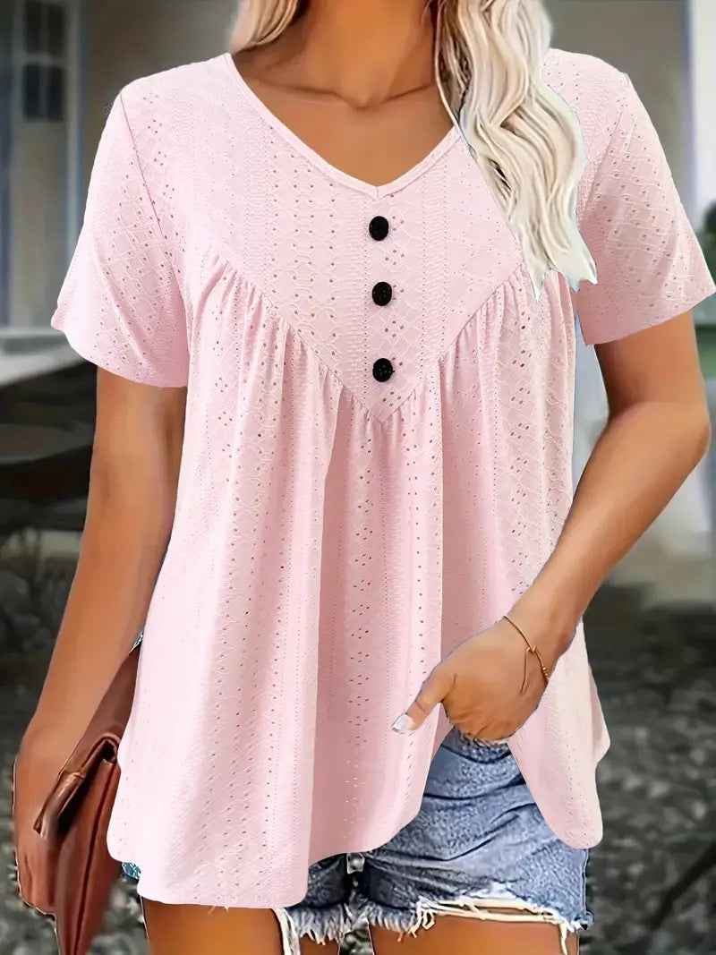 V-Neck Jacquard Button Top