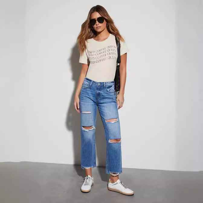 High-Waist Distressed Straight-Leg Jeans