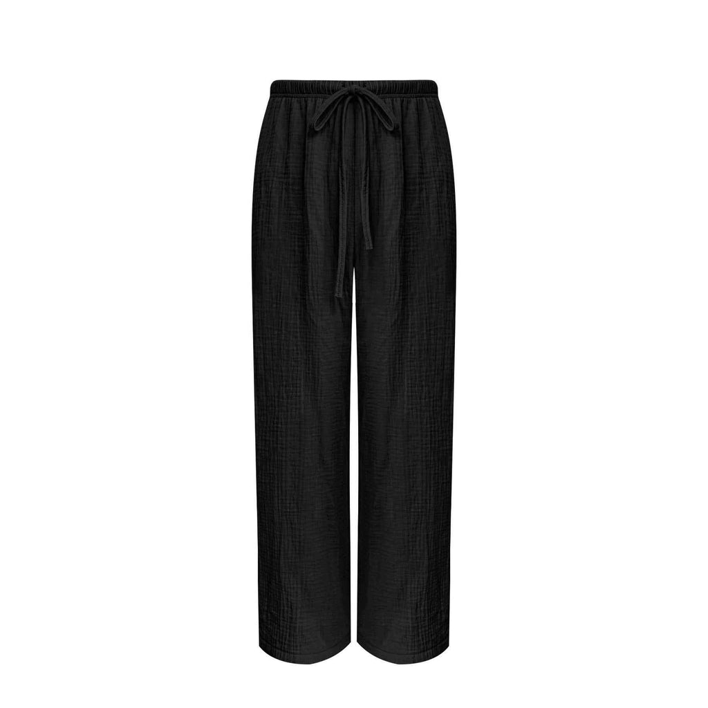 Cropped Wide-Leg Pants – Elastic Waist, Drawstring, Loose Fit