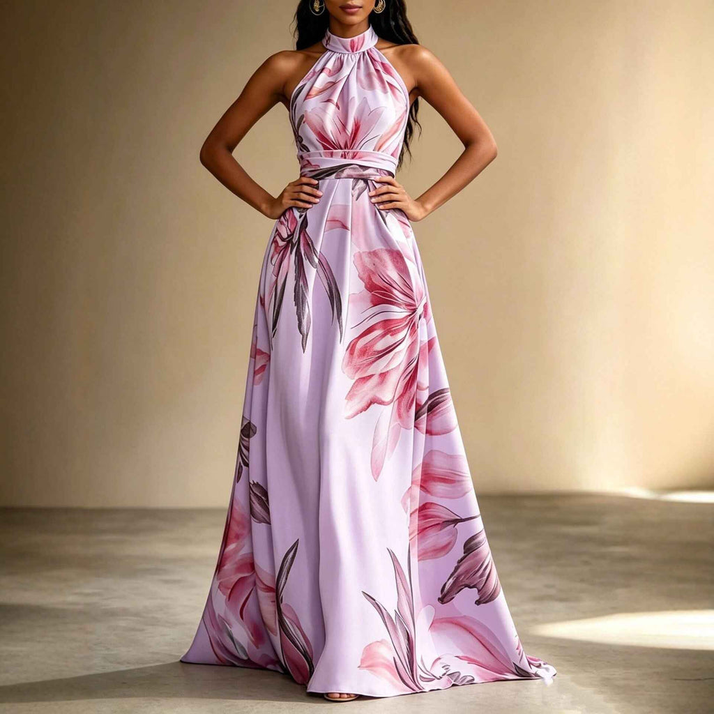 Sleeveless High-Waist Open-Back Floral Print Flared Hem Maxi Dress