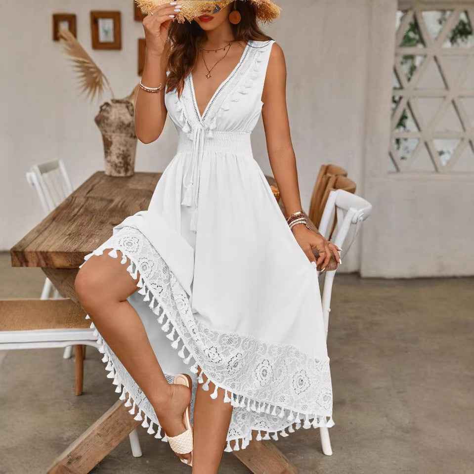 Strappy V-Neck Backless Lace Dress — Elegant Mid-Rise