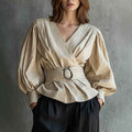 Womens V-neck Blouse With Ruffled Cuffs And Puff Sleeves