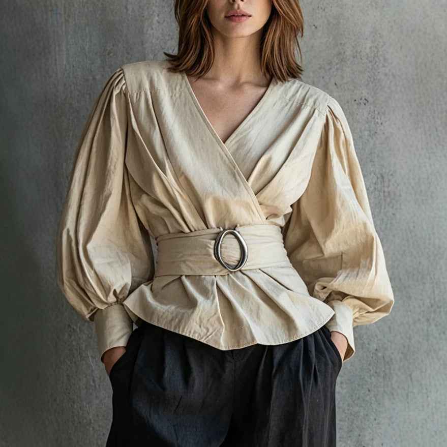 Womens V-neck Blouse With Ruffled Cuffs And Puff Sleeves