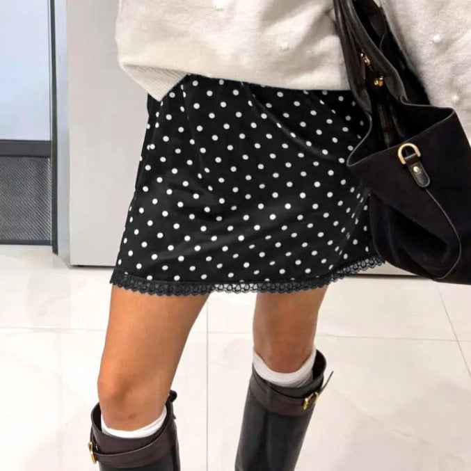 Women's Polka Dot Lace-Spliced Satin Mini Skirt — A-Line & Retro