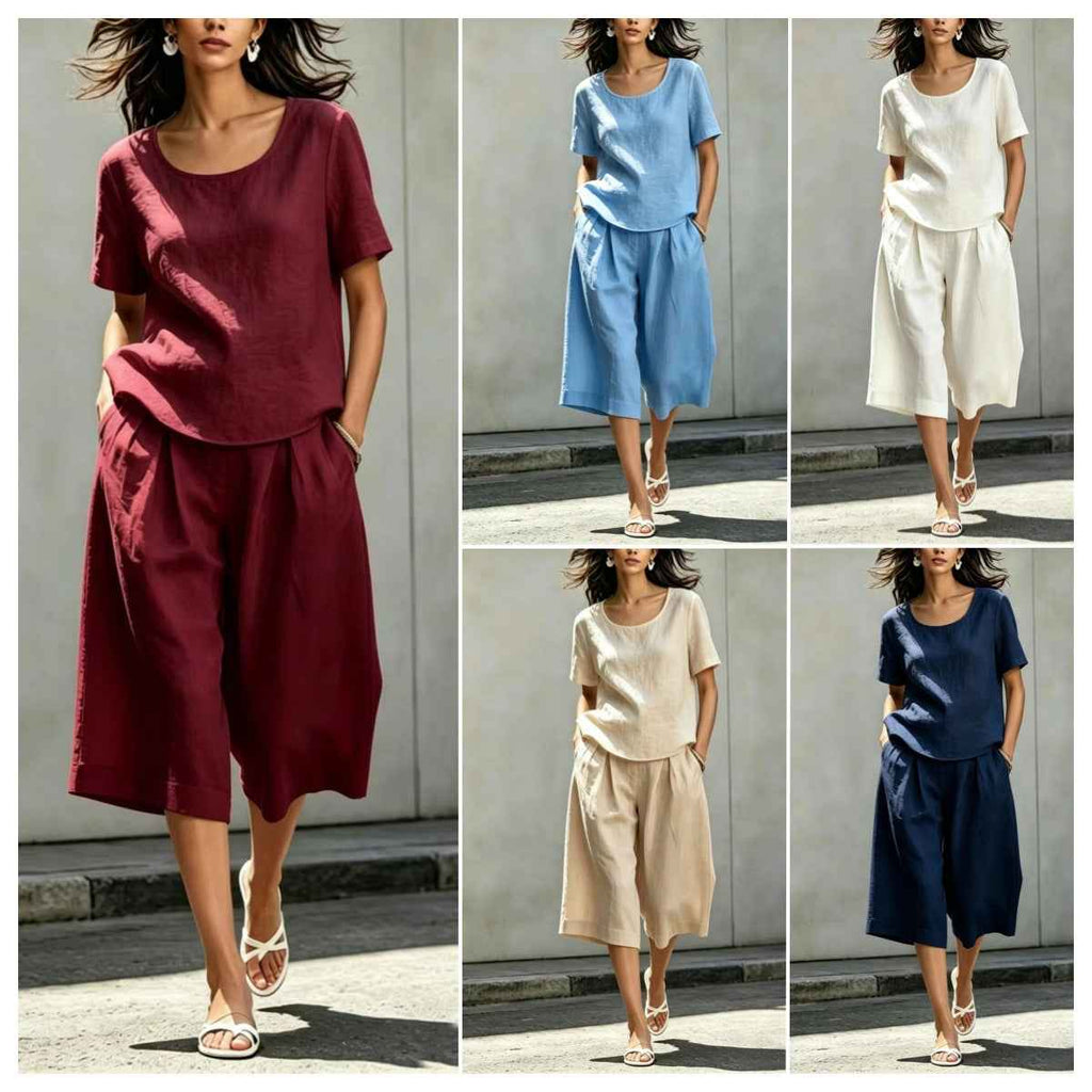 Cotton-linen Casual Loose-fitting Short-sleeve Top And Shorts Set