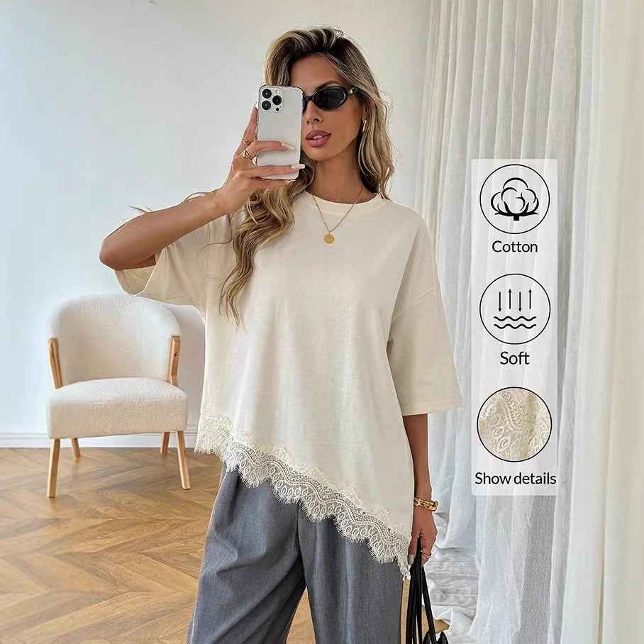 Lace-Trim Top — Slanted Hem, 3/4 Sleeve Minimalist Style