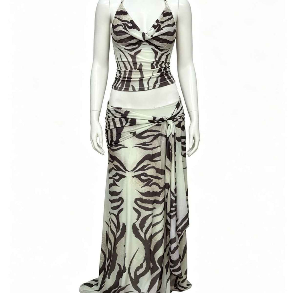 New Striped Halter-neck Midriff-baring Long Skirt Set