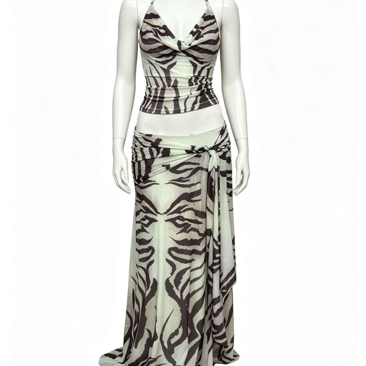 New Striped Halter-neck Midriff-baring Long Skirt Set