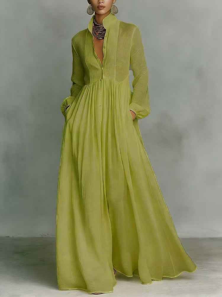 Elegant Stand Collar Button Down Maxi Dress - Long Sleeve Pleated Flowy Gown With Pockets