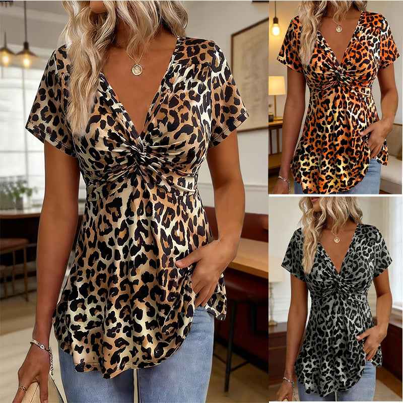 Leopard Print Cross-Tie V-Neck Pullover Top
