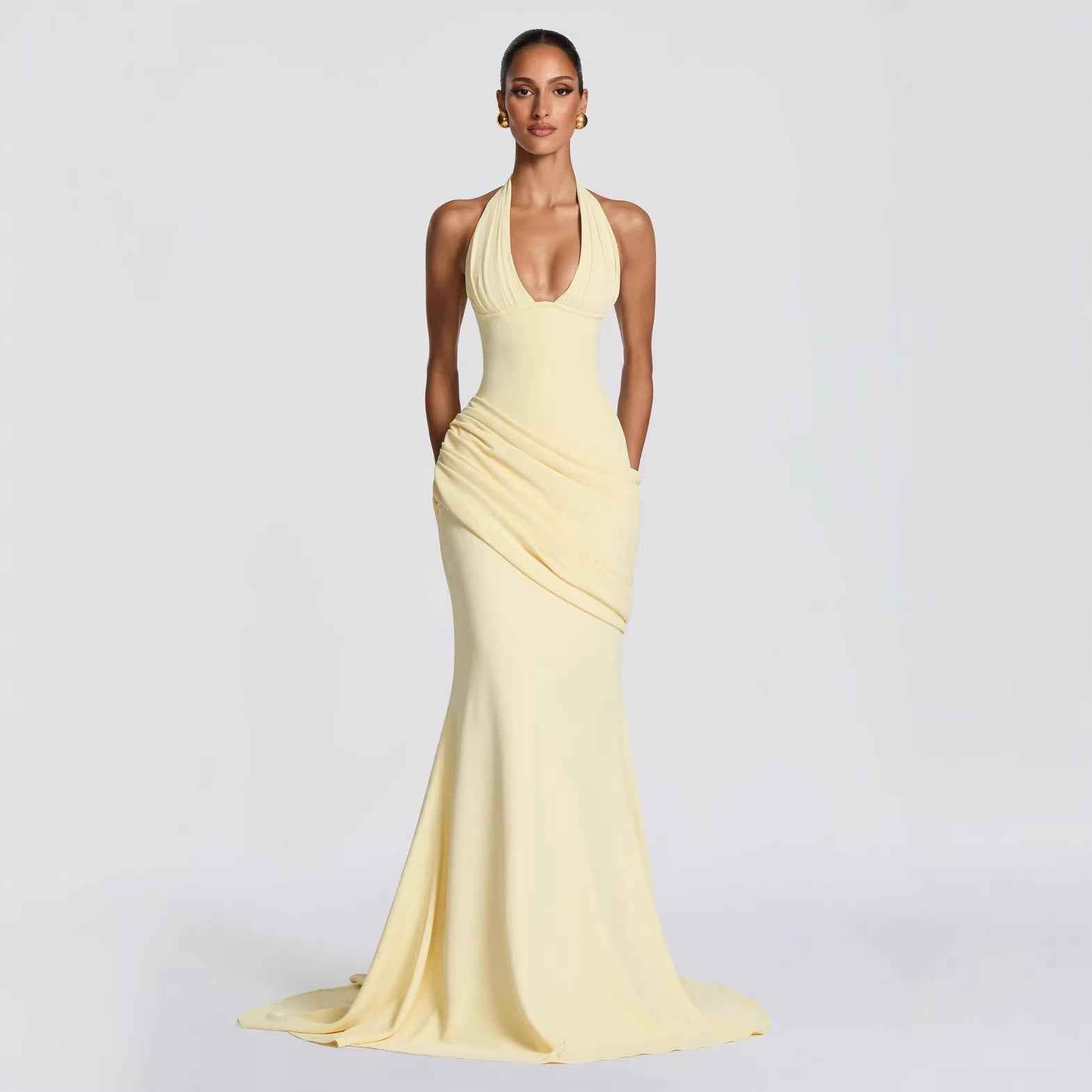 Halter-Neck Pleated A-Line Maxi Dress — Cinched Waist, Sleeveless, Elegant