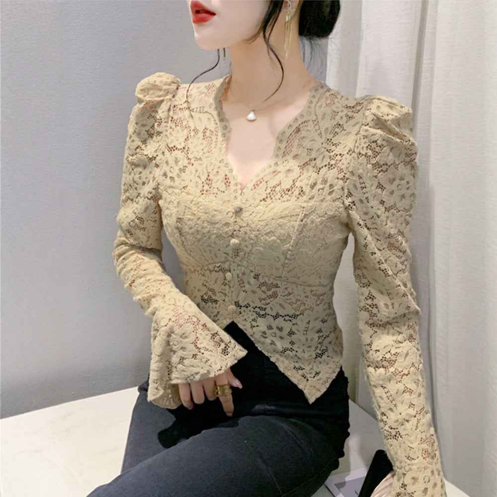 Floral Lace Slim-Fit Long-Sleeve Top