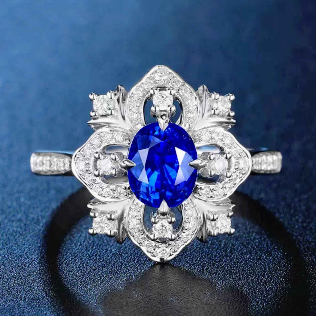 18k Gold plated Blue Diamond Flower shaped Ring With Colored Gemstone Inlay