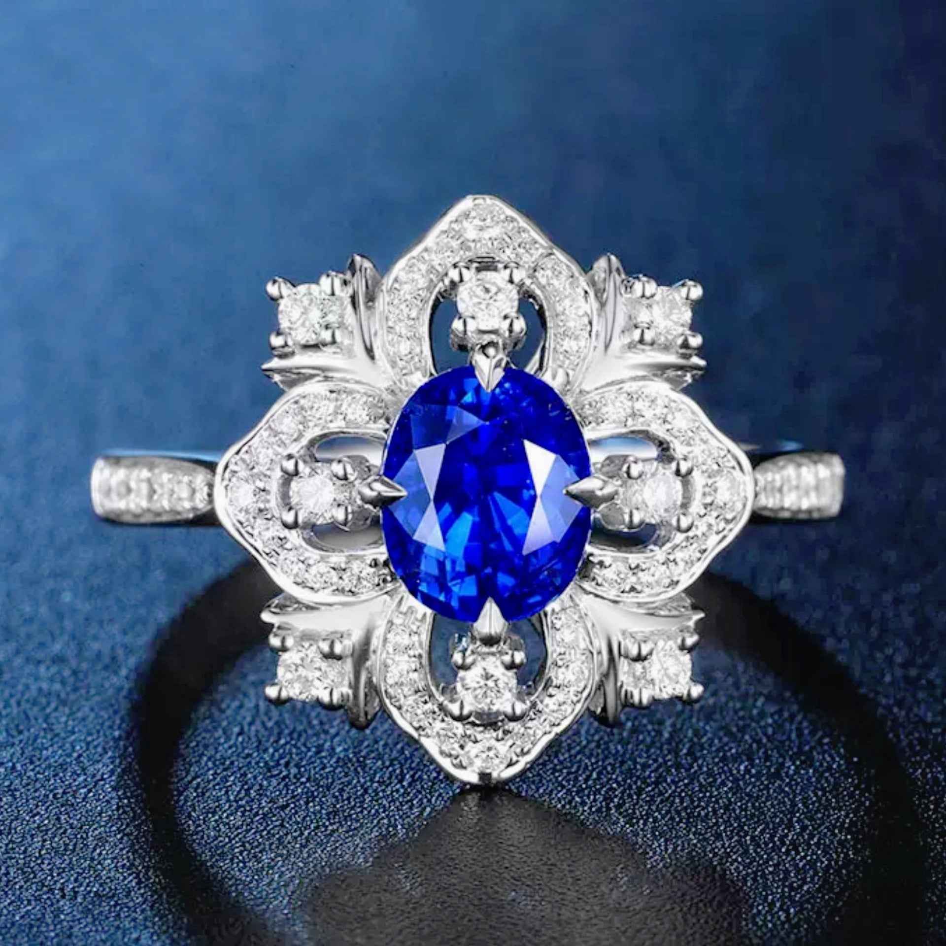 18k Gold plated Blue Diamond Flower shaped Ring With Colored Gemstone Inlay
