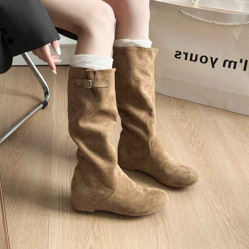 Pointed Toe Slip-On Boots — Chunky Low Heel, Buckle Detail, Korean Style