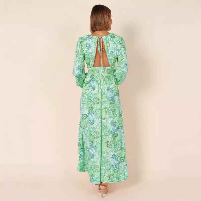 Women's High-Waist Long Dress – Wide Hem, Relaxed Fit | Pink & Green, S–XXL