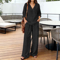Women's Linen Blend V-Neck Long-Sleeve Top & Wide-Leg Pants Set — 10 Colours, S–3XL