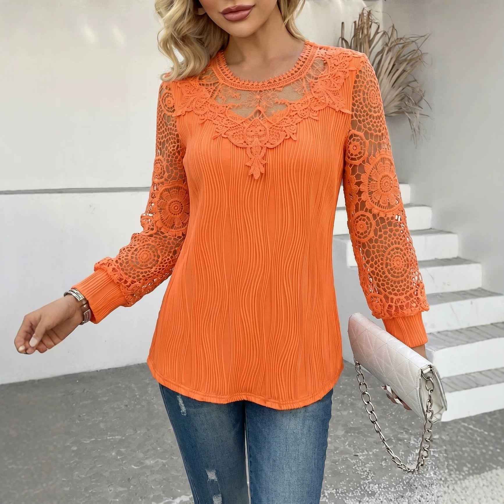 Lace-trimmed Wave-patterned Panel-seam Womens Long-sleeve Blouse