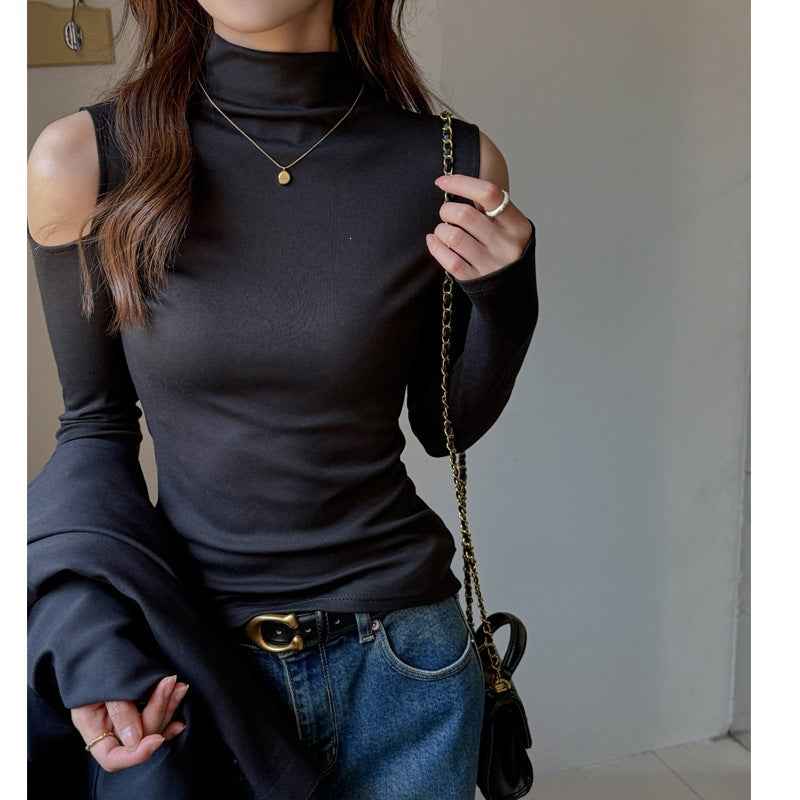 Mock Neck Off-Shoulder Slim-Fit Long-Sleeve Top — 4 Colours