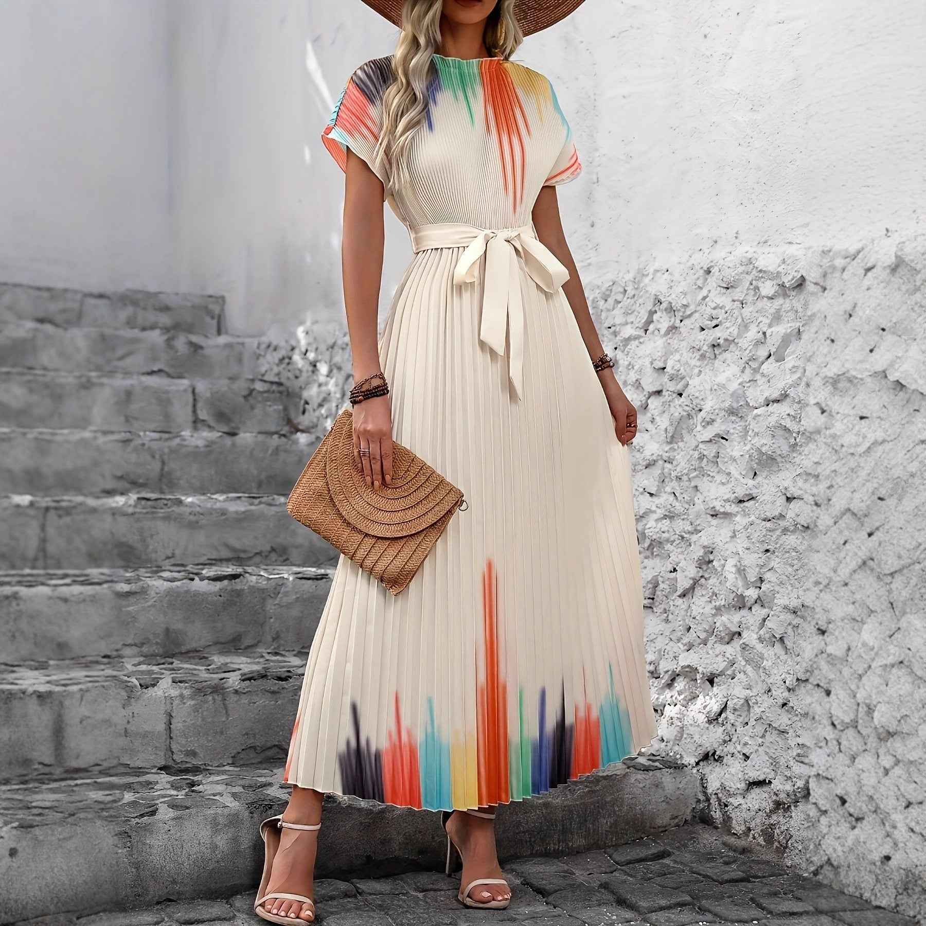 Women's Beige Lace-Up Pleated Midi Dress — Mock Neck & Raglan Sleeve