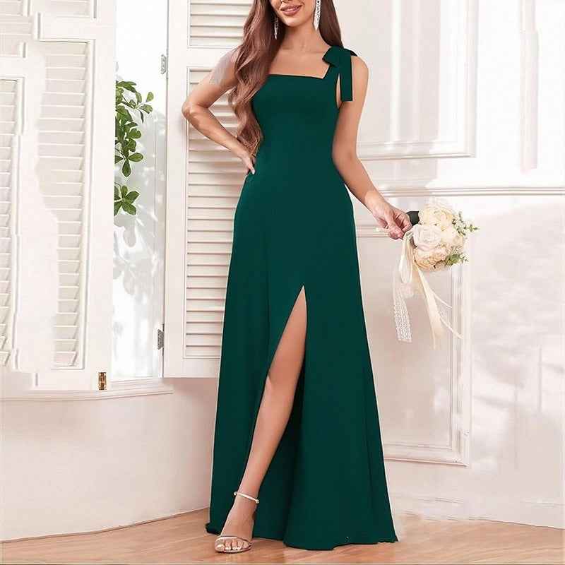 Square Neck Bow Shoulder Slit Maxi Evening Gown