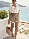 V-neck Short-sleeve Top With Straight-leg Shorts