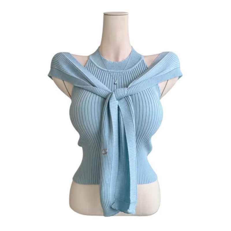 Women's Knit Vest & Shawl Two-Piece Set – Sleeveless Pullover Top