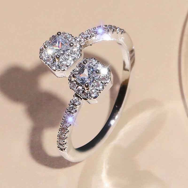 Womens OpenStyle Square Zircon Ring With Double Heads