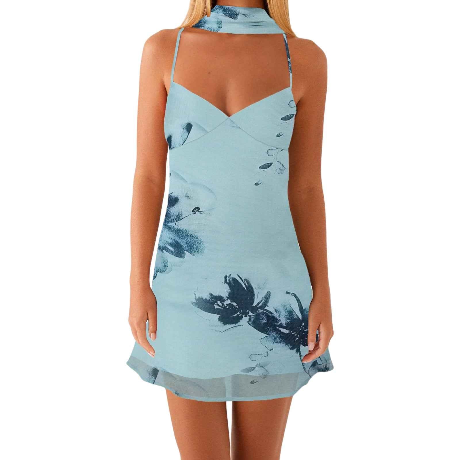 Chiffon Halter Backless Tie-Neck Floral Print A-Line Mini Dress