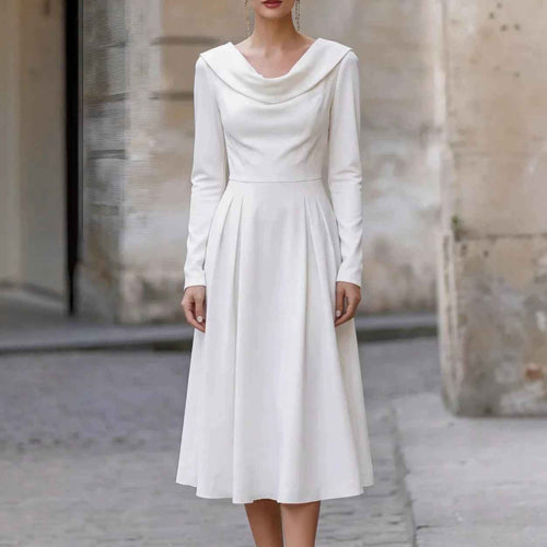 Elegant Boat-neck Satin Long-sleeve Waist-cinched Midi Evening Gown