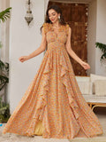 Womens Floral Printed Asymmetrical Slit Chiffon Lace Elegant Dress
